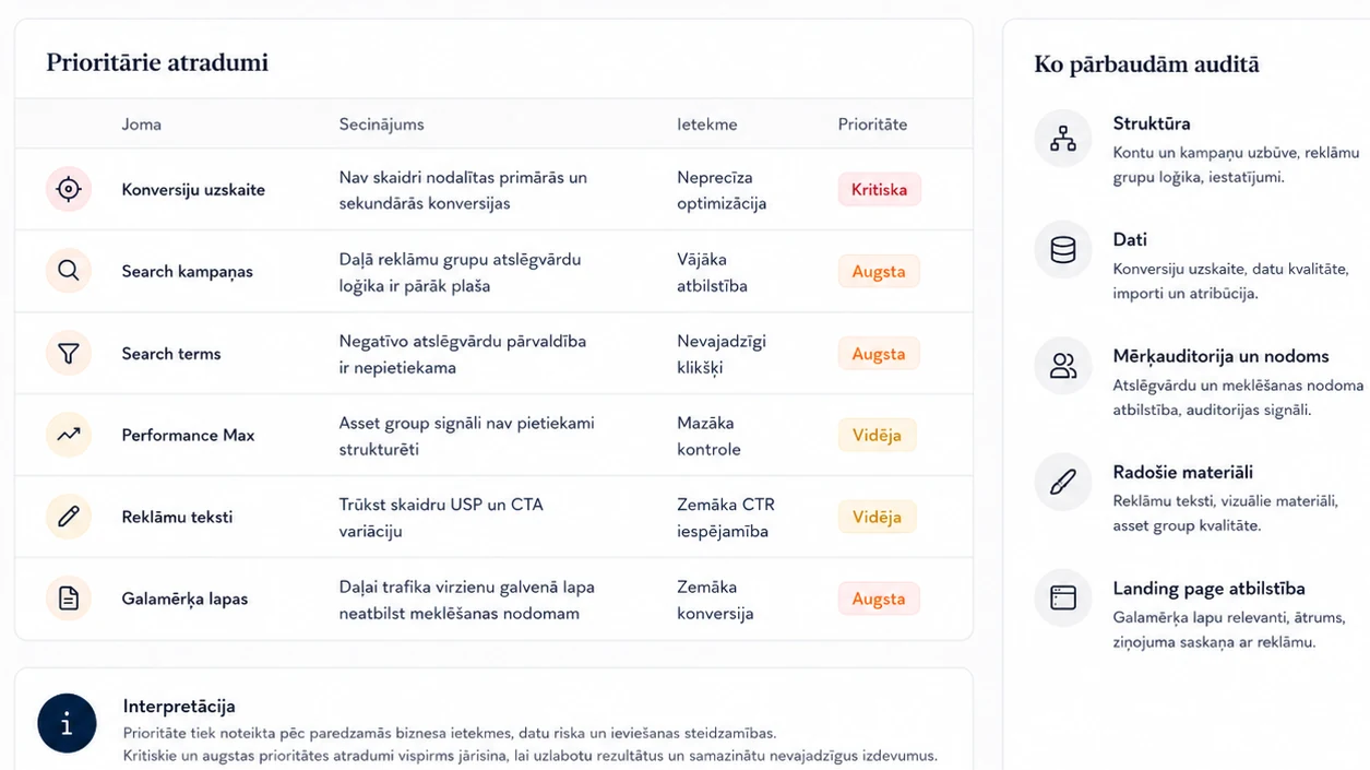 Ilustratīvs Google Ads audita dokumenta fragments ar atradumiem, prioritātēm un pārbaudāmajām jomām.